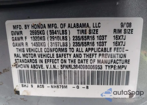 2009 Honda Odyssey Ex из США, поврежденный, VIN 5FNRL38409B006953